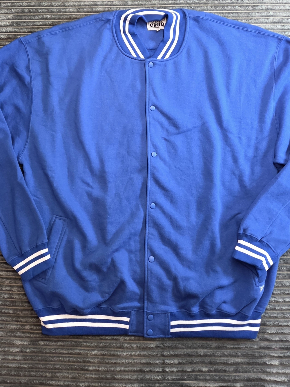 Club Blue Varsity Bomber Jacket with White Stripe Trim
